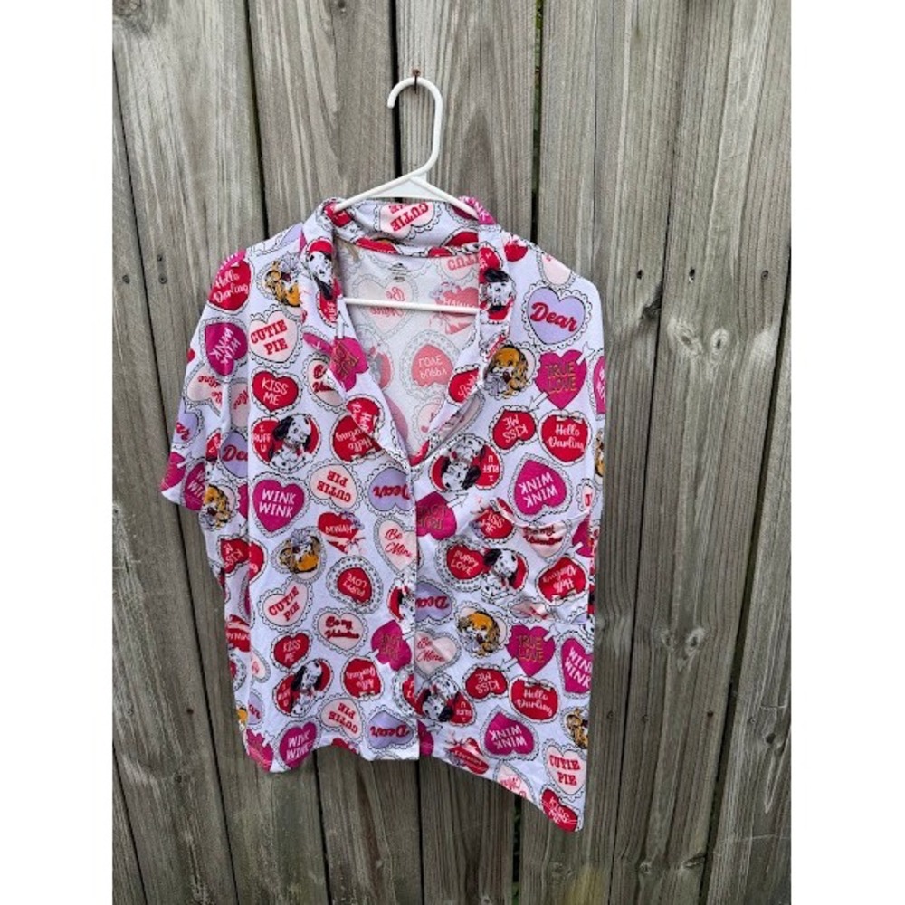 Valentines Day Heart Puppy Way To Celebrate Pajama Top 3X White Pink Button Up